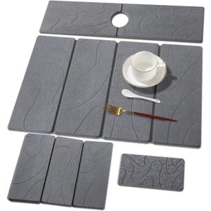 3 PCS Large Stone Dish Drying Mat for Kitchen Counter, Quick Dry Stone Dishes Mats, Sink Faucet Mat, Minimalist Water Absorbing Diatomaceous Earth Drying Pad for Countertop Tableware, Bottles (24*16inch+24*5.5inch+8*4inch, Grey Carving Lines)