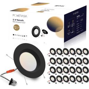 24 Pack 5/6 Inch Black LED Can Lights Retrofit Recessed Lighting, 5CCT 6 Inch Recessed Lights Selectable 2700K-6000K Dimmable, 12W=75W, 1200LM Downlight with Metal Smooth Trim-ETL and Energy Star