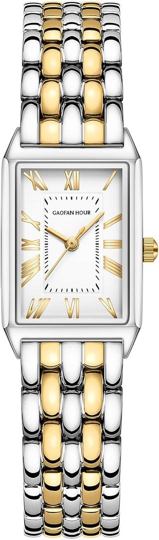 Gold Watches for Women with Vintage Rectangular Case, White Roman Dial, Stainless Steel Band, Adjustment Tool Included, Water Resistant