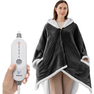 Wearable Heated Throw Blanket, Heated Shawl Electric Wrap Poncho with Hood & Pockets for Women & Men, 5 Heat Settings, 3H Auto-Off, Machine Washable, ETL Certified, Gift-Ready, 56x63, Grey