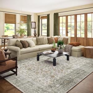 Machine Washable Rugs for Living Room: 8x10 Area Rugs for Bedroom Vintage Stain Resistant Non Slip Low Pile Soft Boho Carpet for Kitchen Dining Room Farmhouse Kids Room Nursery (Grey and Orange)