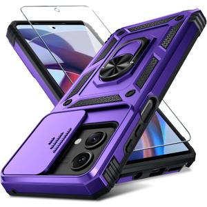 Janmitta Compatible with Moto G Stylus 5G 2023 Case Built in Slide Camera Lens Cover+Screen Protector+Finger Ring Holder Kickstand,Heavy Duty Shockproof Full Body Phone Cover,Purple