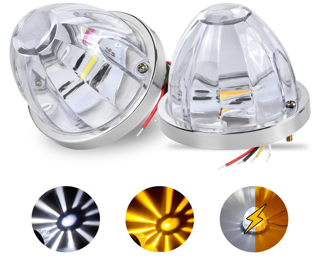 2PCS Dual Color Big LED Watermelon Lights, 3 Inch Clear Lens Yellow White 5W LED Side Marker Turn Signal Lights with Bezel for Semi Trucks Trailers Pickups RVs SUVs