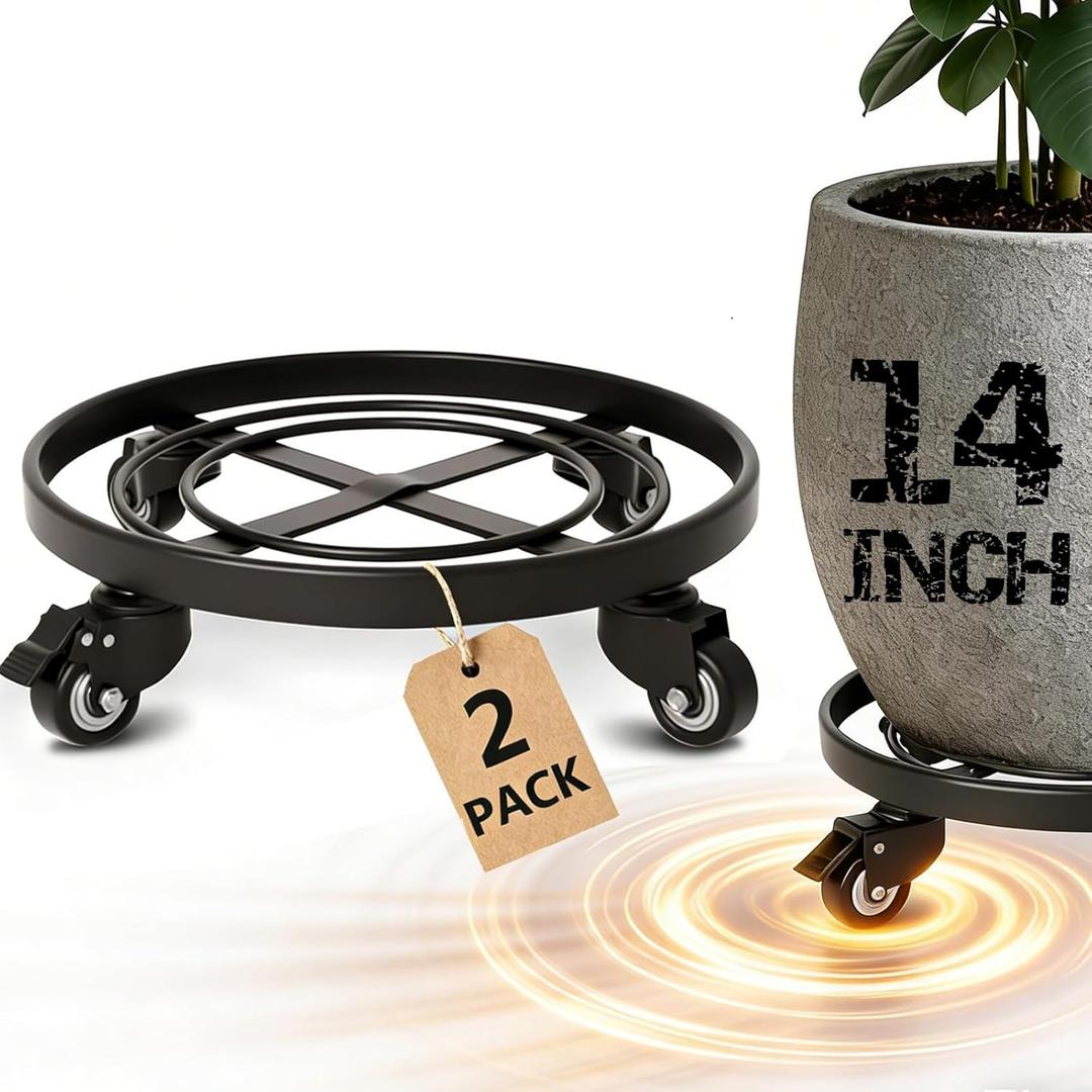 AMAGABELI GARDEN & HOME Plant Caddy with Wheels Heavy Duty 14 2 Pack Rolling Plant Stand Plant Dolly Iron Wheeled Lockable Casters Round Pot Mover Rollers Indoor Outdoor Planter Trolley Metal