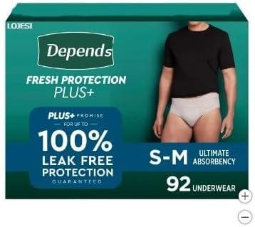 Depends Protection Plus Ultimate Absorbency 3-in-1 Stretch Waistband for A Secure Fit *Discreet Shipping* Small/Medium Size 92 Count for Men 