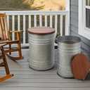 Glitzhome Rustic End Table Set of 2, Farmhouse Galvanized Metal Barrel Ottoman Storage Stool with Round Wood Lid for Living Room Furniture, Grey, Large and Small