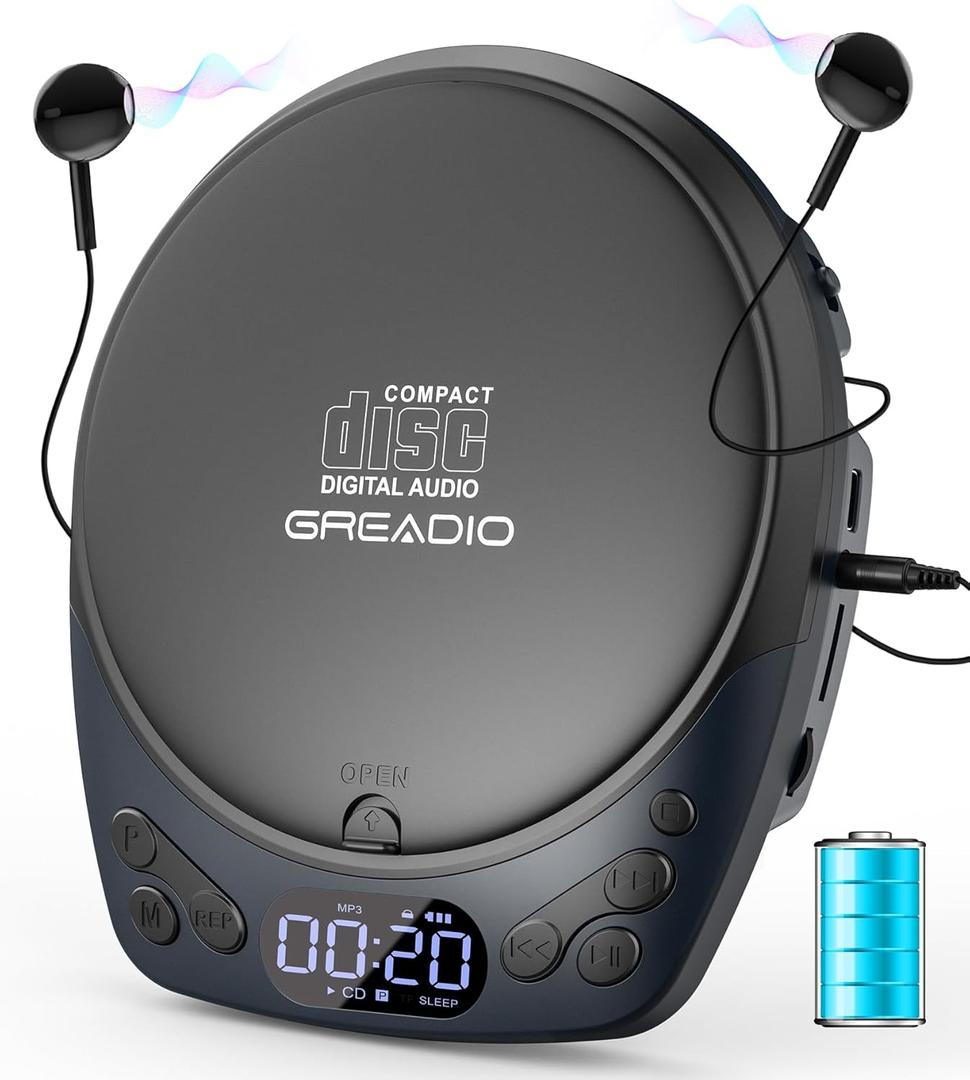 Portable CD Player with Headphones, Rechargeable Discman CD Player for Car & Home, Small CD Players Portable with 60s Anti-Skip, Supports CD/MP3/WMA/TF Card/AUX, Backlit/Lock/Programmable/Timer