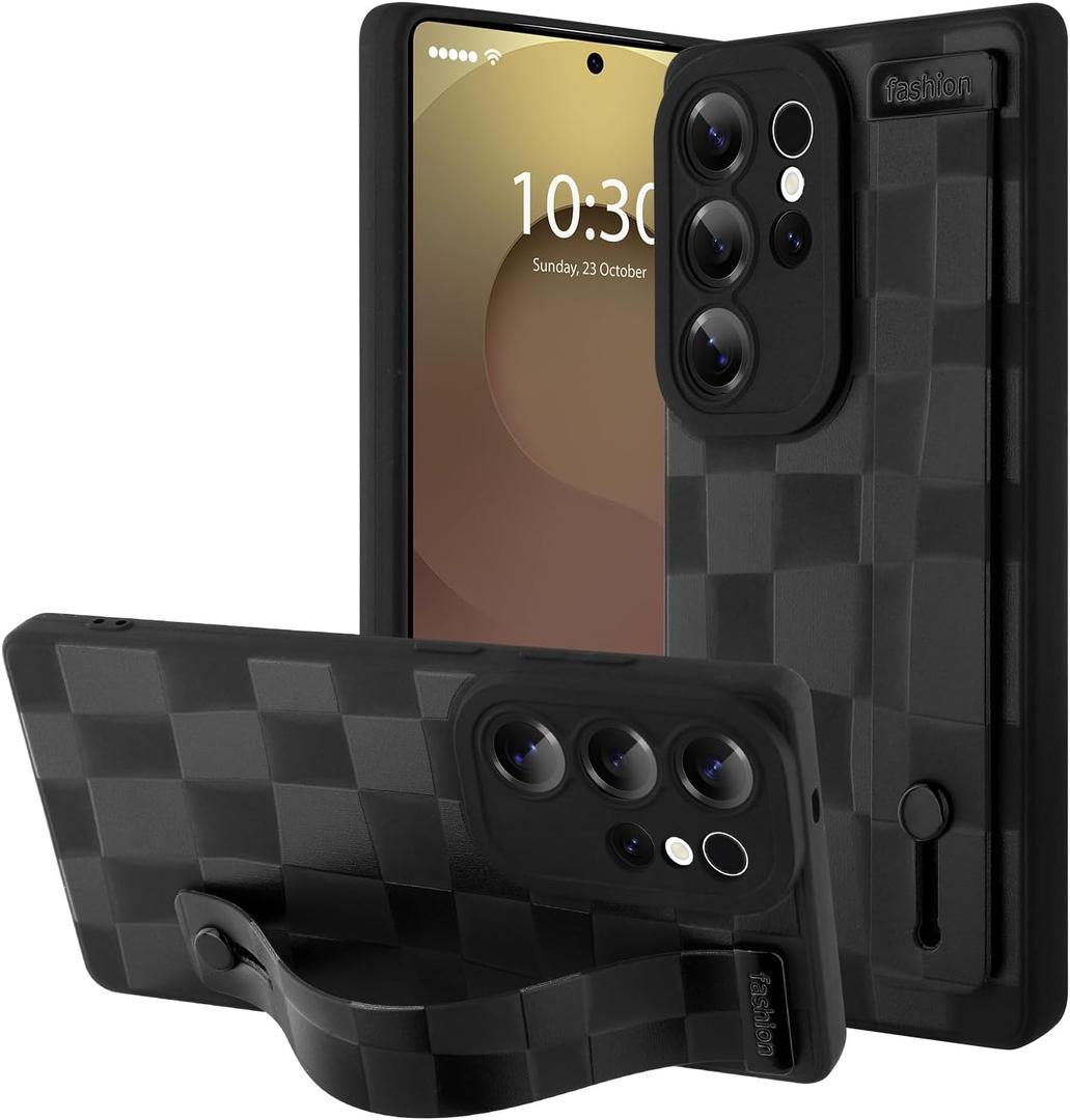 OOK Compatible with Samsung Galaxy S25 Ultra Silicone Phone Case with Strap, Trendy Checkerboard Pattern for Women Girls, Adjustable Finger Strap Kickstand Slim Protective Cover, Black Checkered