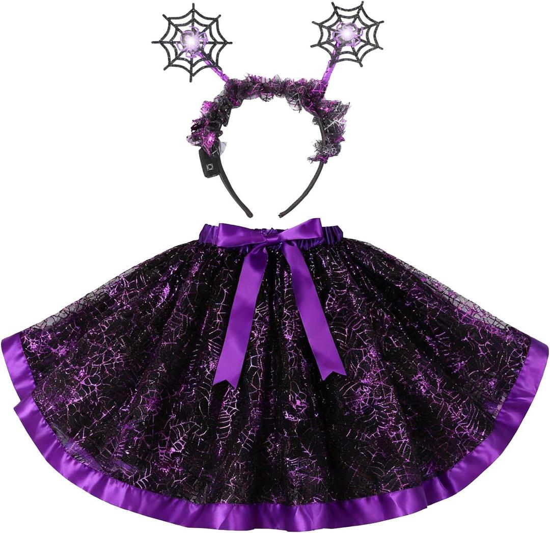 PinkSheep Girls Costume Set,Led Light Up Girls Tutu Skirt with Headband Bow Tie, Kids School Party Outfit Dress Up Cosplay (Medium, Spider Purple)
