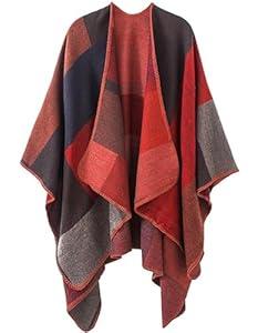 PAMEILA Women's Travel Plaid Shawl Wraps Open Front Poncho Cape Warm Oversized Sweaters Casual Cardigan Shawls for Fall Winter, Series 01-Red