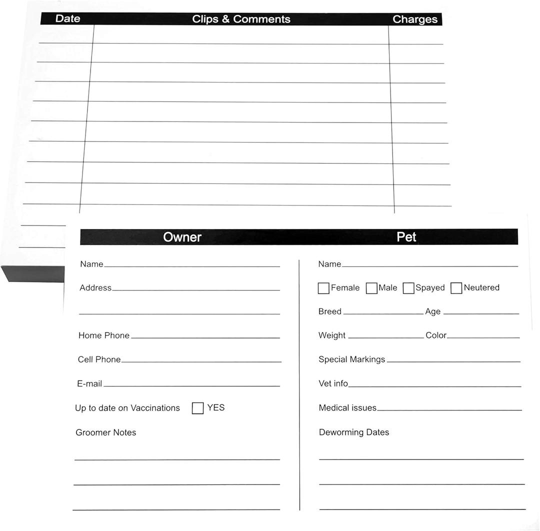 RXBC2011 105 Pack Pet Grooming Information Cards Dog Cat Grooming Customer Information Card Groomer Client Record Clip Cards