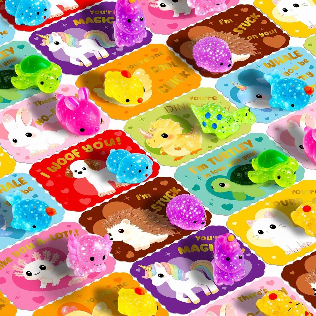 Valentines Day Cards for Kids School - 30 Pack Glitter Mochi Squishy Valentines for Class, Valentine Day Gifts for Kids Classroom, Cute Animal Valentine Mochi Squishy Toys for Daycare Party