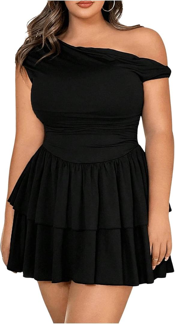 MakeMeChic Women's Plus Size Cocktail Dress Summer Asymmetrical Mini Dress Ruffle Party Dresses (XX-Large Plus, Black)