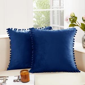 Deconovo Velvet Throw Pillow Covers, Set of 2, 20 x 20 Navy, Square Pom-poms Soft with Invisible Zipper Cover for Sofa Couch Car