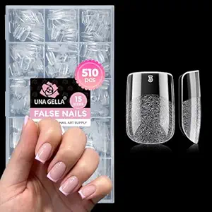 UNA GELLA Short Square Gel Nail Tips, 510Pcs Short Square Press on Nails 15 Sizes Half Matte Fake Acrylic Full Cover Nail Tips Clear No C Curve False Nails for Nail Extensions DIY Home Salon for Women