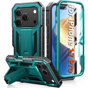 FNTCASE for iPhone 17 Pro Case: Military Grade Drop Proof Protection Mobile Cover with Kickstand | Matte Textured Rugged Shockproof TPU | Protective Sturdy iPhone 17 Pro Phone Cases 2025 - Green