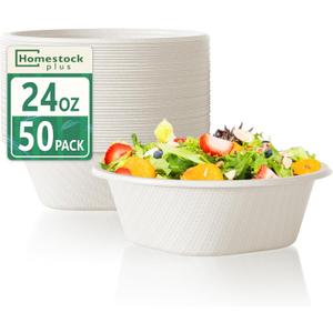 Homestockplus Disposable Bowls 24 Oz [50 Pack] - Compostable Bowls, Heavy Duty Paper Bowls Microwave Safe BPA-Free Eco Dinnerware for Kids Meals & Food Trucks (White)