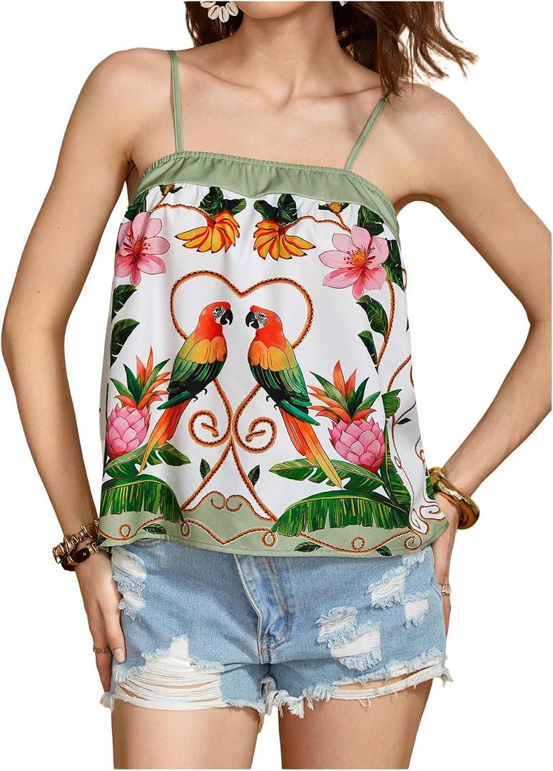 RoseSeek Women's Floral Boho Tank Tops Spaghetti Strap Vacation Summer Tops | Tropical Summer Camisole, Beach Vacation Outfits, Flowy Resort Wear, Going Out Tops, Boho Tops (XL)