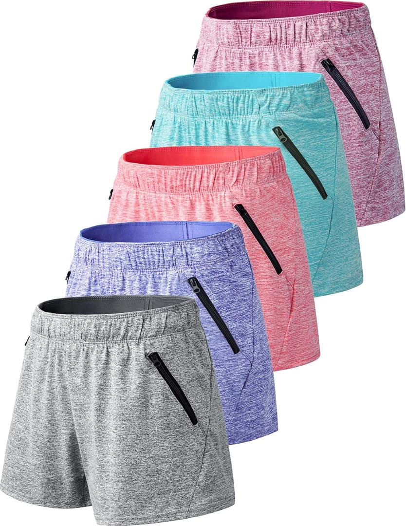 5 Pack: Womens Workout Gym Shorts Casual Lounge Set, Ladies Active Athletic Apparel with Zipper Pockets (X-Large, Heather Gray/Cerise/Cherry/Glacier Blue/Sonar Blue)