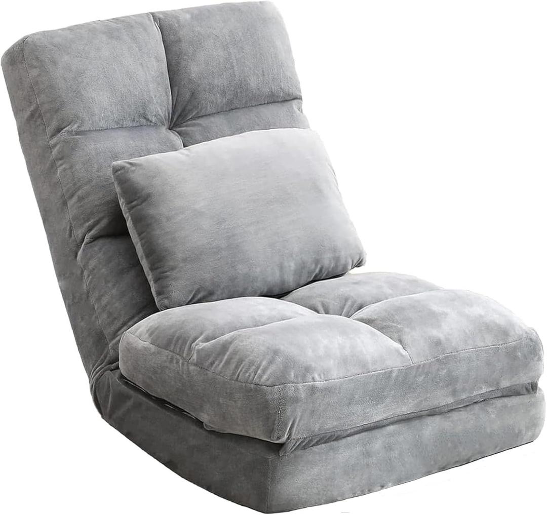 Indoor Chaise Lounge Sofa, Floor Chair with Back Support for Adults, 14 Angle Adjustment Recliner Chair, Folding Floor Lounger with Pillow (Grey), 18.9D x 22W x 27H in