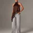Y2k Halter Top Tank Asymmetrical Hem Satin Lace Trim Classy Going Out Tops Sleeveless Mock Neck Tops for Women (Brown, S)