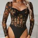 Women's Vintage Autumn Floral Lace Mesh Bodysuit | Sexy Boned Slimming Push-Up Versatile Shapewear Top, XS
