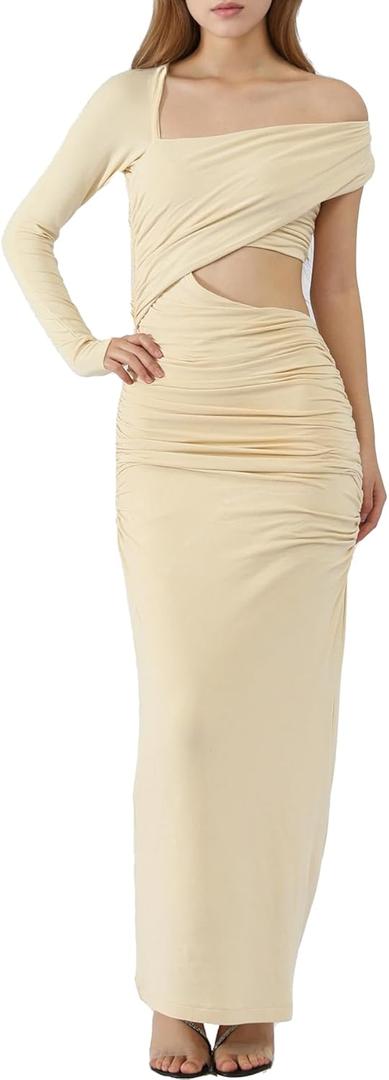 CLSEN Women's Sexy Off Shoulder Bodycon Maxi Dress Long Sleeve Party Cocktail Wedding Night Out Ruched Waist Stretchy Dress (M)