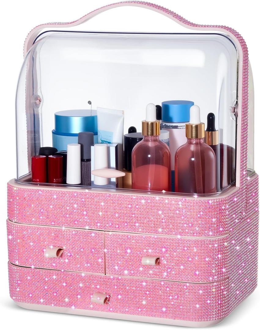 Honeydak Bling Makeup Organizer for Teen Girl Christmas Gifts Rhinestone Cosmetic Display Cases with Transparent Cover, Skincare Organizers Perfume Organizer for Countertop, Desk(Pink,Rhinestone)