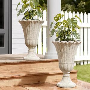 23.6" Tall Plastic Urn Planters for Outdoor Plants with Drainage Holes & Petal Design, Set of 2 Sturdy Base Classic Indoor Large Flower Pots, Outdoor Planters for Porch/Home, Yellow Beige, 19.69"D x 15.75"W x 23.62"H