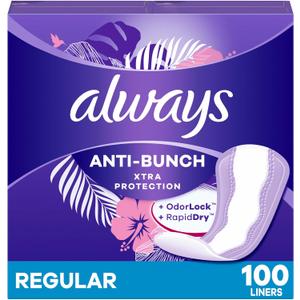 Always Anti-Bunch Xtra Protection, Panty Liners For Women, Light Absorbency, Regular Length, Leakguard + Rapiddry, Unsented, 100 Count (Packaging May Vary)