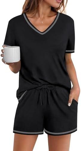 Ekouaer Womens Pajamas Sets Soft Cotton Pjs Short Sleeve Lounge Sets Casual Two Piece Pjs With Pockets Black M