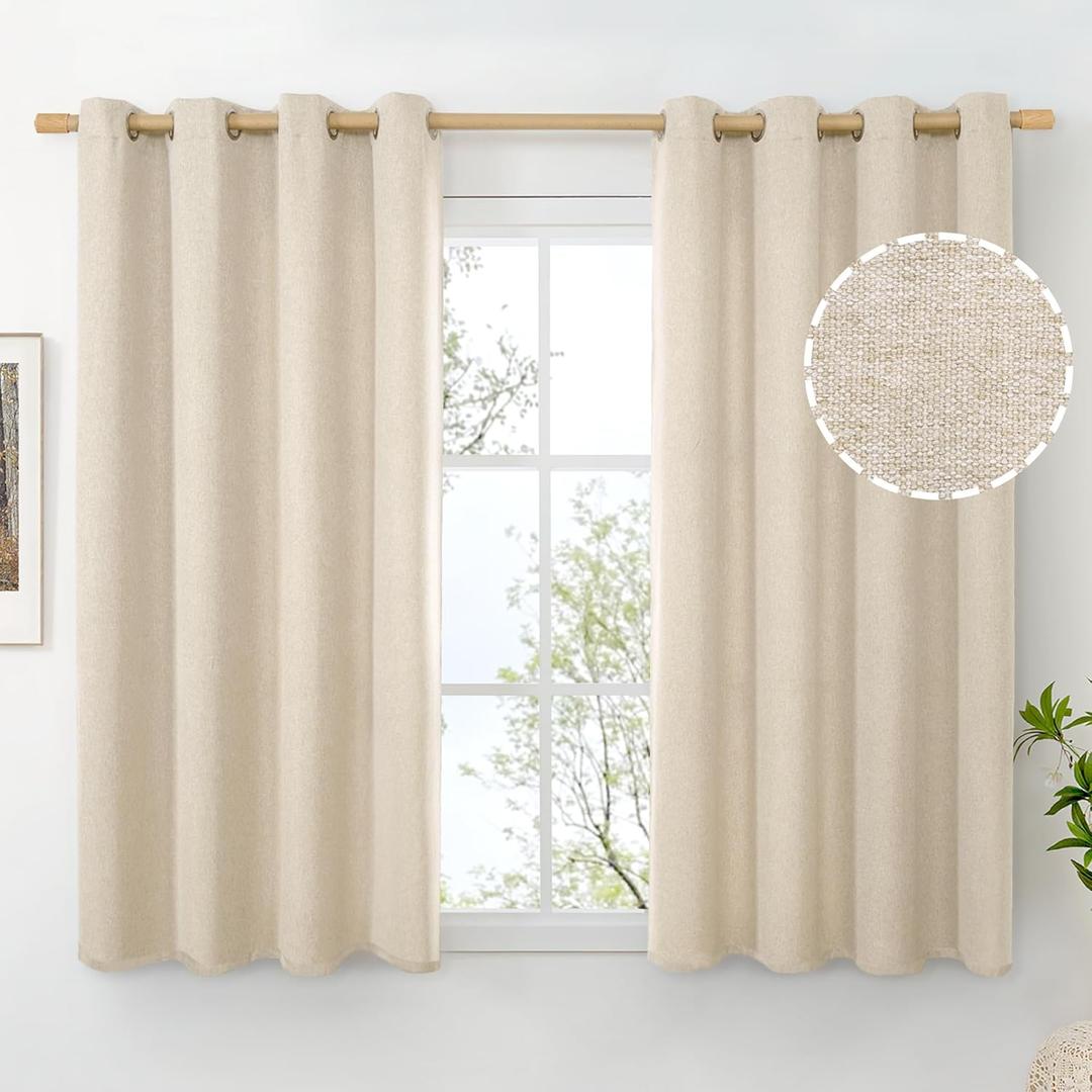 BGment Short Oatmeal Linen Curtains 54 Inch Length 2 Panels for Window, Thick Privacy Drapes Light Filtering with Grommet No See Through for Bedroom Living Room, Each 52 Inch Wide
