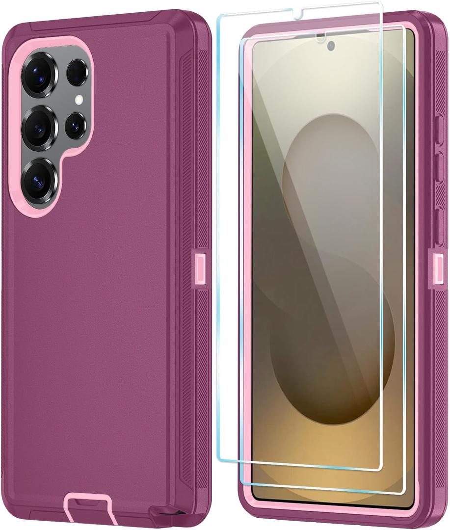 ONOLA Phone Case for Samsung Galaxy S25 Ultra Case with HD Screen Protector, Heavy Duty Shockproof & Dropproof 3-Layer Cover Phone Case for Galaxy S25 Ultra 6.9''WineRedPink