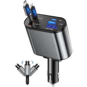 Retractable Car Charger, 4 in 1 Fast Charging Car Charger USB-C & USB-A Compatible with iPhone 16/15/14/13/12/11,Galaxy,Pixel