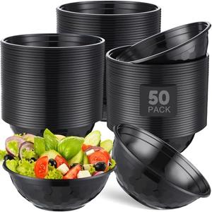Newtay 50 Pack 32oz Black Disposable Plastic Bowls Plastic Salad Bowls Large Stackable Serving Soup Dinnerware for Birthdays, Weddings, Parties, Festivals