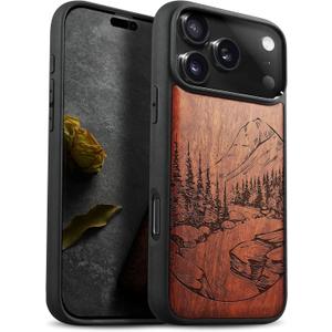 Carveit Magnetic Wooden Case for iPhone 17 Pro Case, Wood Artisan Engraved & Black Soft TPU Shockproof Cover, Compatible with MagSafe Wireless Chargers (The Lake and Mountain Landscape) Rosy