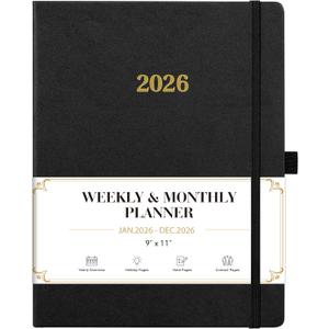 2026 Planner - Weekly and Monthly Planner 2026, Jan.2026 - Dec.2026, 9" x 11", 2026 Calendar Planner with Inner Pocket + Bookmarks+ Leather Hardcover, Black