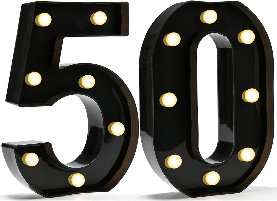 Pooqla Decorative Led Light Up Number Letters, Black Plastic Marquee Number Lights Sign for 50th Birthday Party Wedding Decor Battery Operated Black Decoration 50