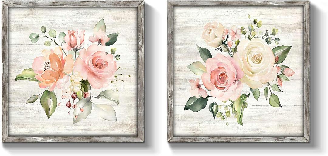 TAR TAR STUDIO Flowers Picture Wall Art Print: Framed Floral Painting Blossom Artwork on Wooden Boards for Bedroom (12" x 12" x 2 PCS, Multiple Sizes/Material)
