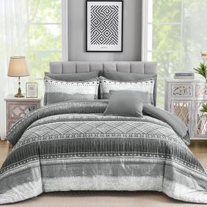 WONGS BEDDING 8 Piece King Size Comforter Set, Texture Striped Bed in a Bag Grey Comforter and Sheet Set, Boho Lightweight Microfiber Bedding Set for All Season (90"104")