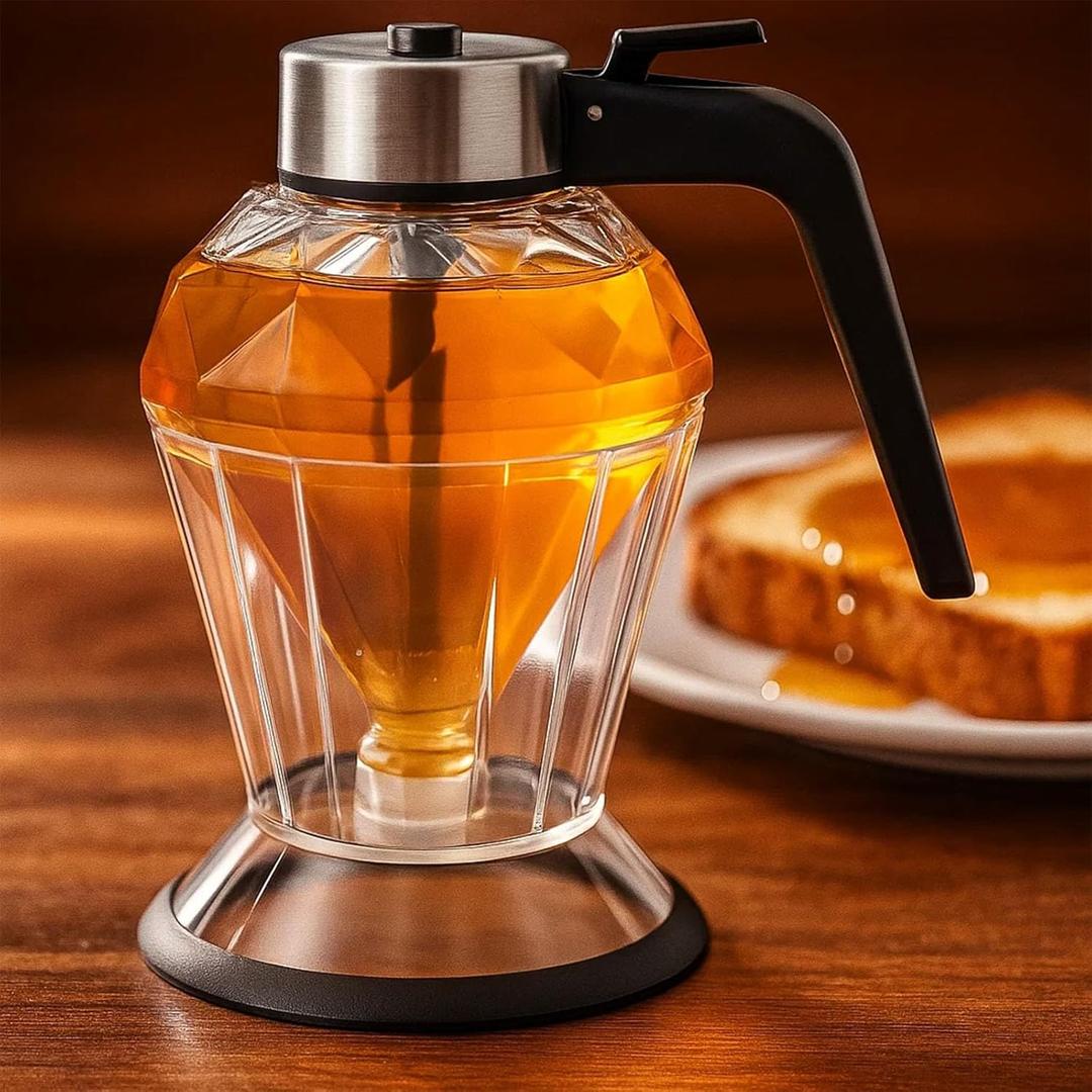 DIYOHFE Honey/Syrup Dispenser -Premium No Drip Design, Elegant Diamond Shape with STAINLESS STEEL TOP,Clear Glass Honey Container8oz