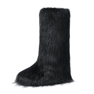 Dufnfn Women's Knee-High Faux Fur Boots - Furry Fluffy Warm Winter Snow Boots with Comfortable Round Toe for Cozy Outdoor and Indoor Use(Big Black) (Black, M)