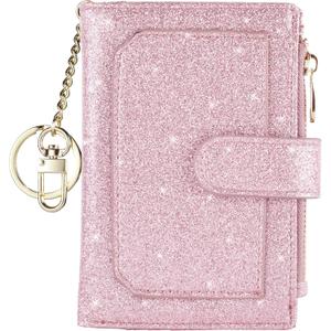 Womens Wallets RFID Small Compact Bifold Leather Card Holder Zip Pocket (Glitter Light Purple)