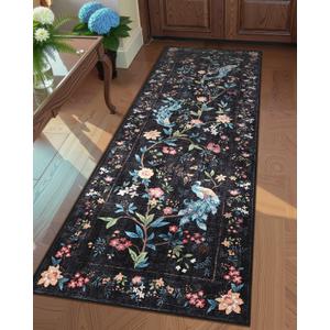 GarveeHome 2x6 Washable Runner Rug for Hallway, Soft Floral Peacock Kitchen Runner with Non Slip Backing Black Entryway Rug Laundry Mat Stain Resistant Carpet for Bathroom Beside Rug