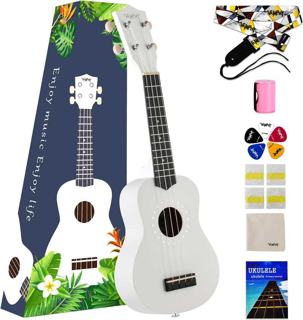 Soprano ukulele for beginner kids with Gig Bag 21 Inch uke for Starter Hawaiian Soprano Ukalalee Polishing adults Basswood 21 Inch uke bundle with Strap Picks Songbook Cleaning Cloth (White)