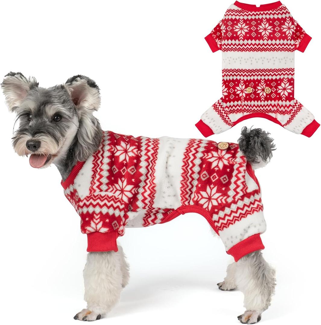 KYEESE Dog Christmas Pajamas, Holiday Dog Pajamas for Small Dogs with Snowflake Pattern, Warm Fleece Cat Onesie Cozy Christmas Outfit for Puppy Kitten Xmas Sweater Pet Jumpsuit, Small