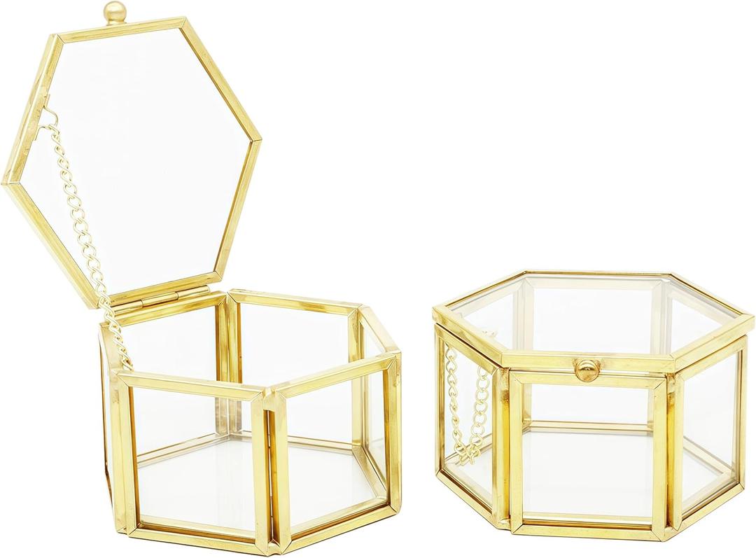 JIARI Glass Jewelry Box Small Gold Hexagonal Decorative Box Ring Earring Display Keepsake Box Case Box for Storage (Small 2 Pack)