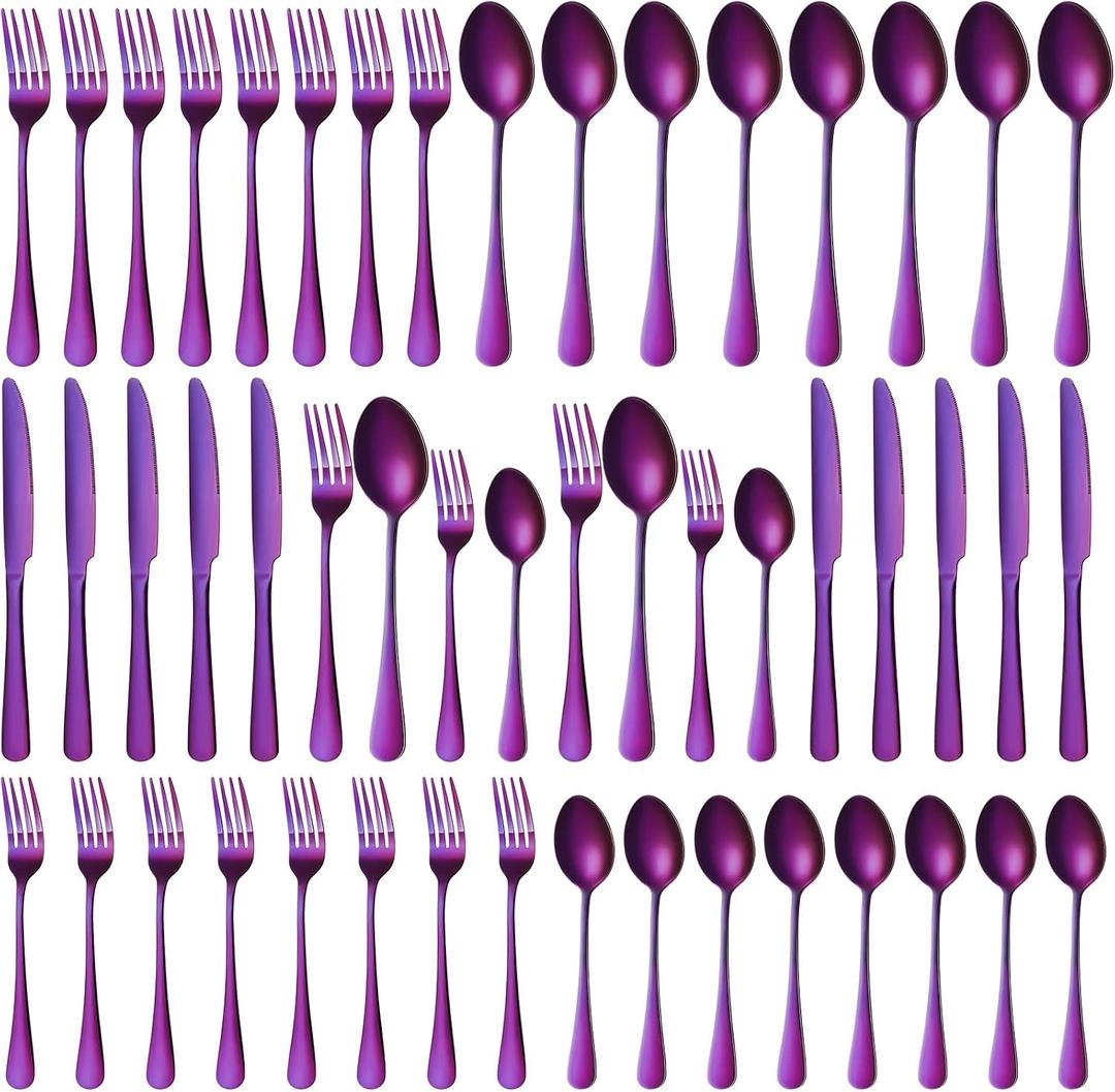 50 Pieces Purple Silverware Set Service for 10 Stainless Steel Flatware Set Metal Utensils Set Tableware Cutlery Set Including Knife Forks Spoons for Home Wedding Restaurant Table Dishwasher Safe