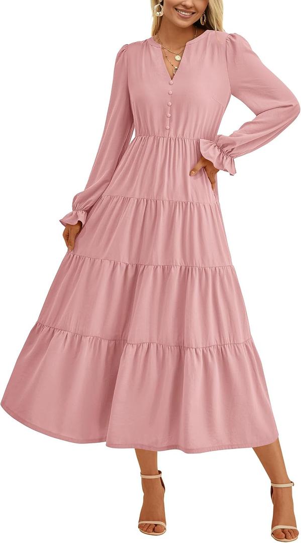 PRETTYGARDEN Long Sleeve Dress for Women Fall V Neck Tiered A Line Spring Elegant Modest Flowy Wedding Guest Maxi Dresses (Pink, S)