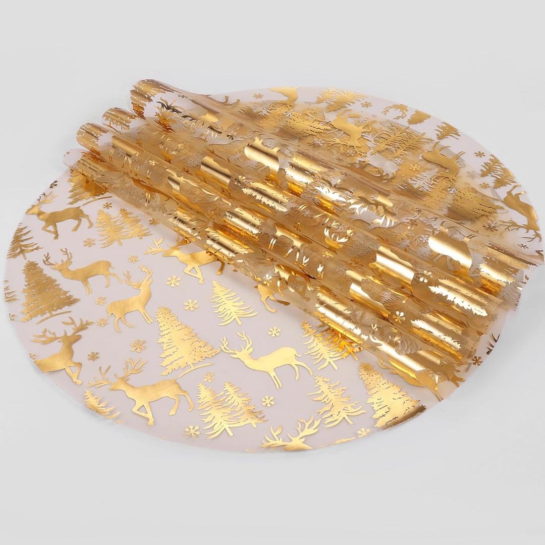 100 Pcs Christmas Placemats 13 Inch Gold Reindeer Mesh Place Mats Disposable Round Cute Elk Snow Forest Xmas Table Mat for Winter Seasonal Holiday Party Decor Kitchen Dining Room Farmhouse Home Decor